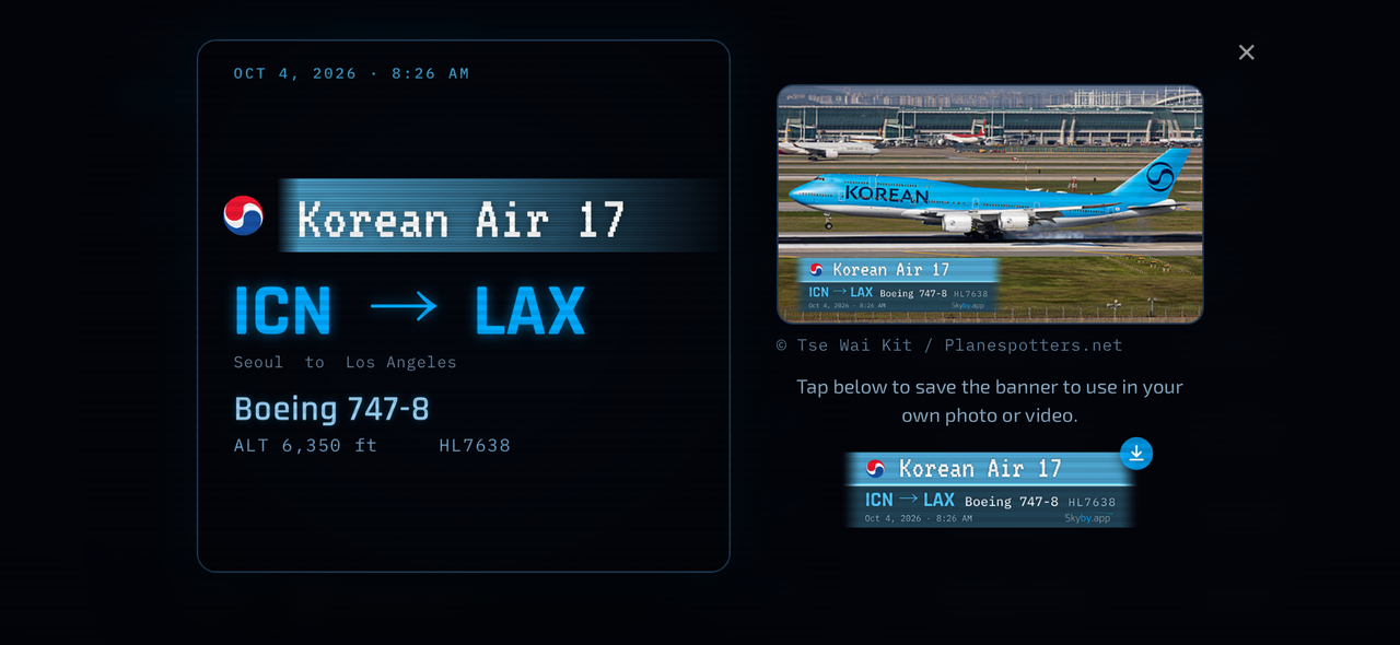 Skyby catch screen with a broadcast-style chyron for Korean Air 17, ready to save to Photos