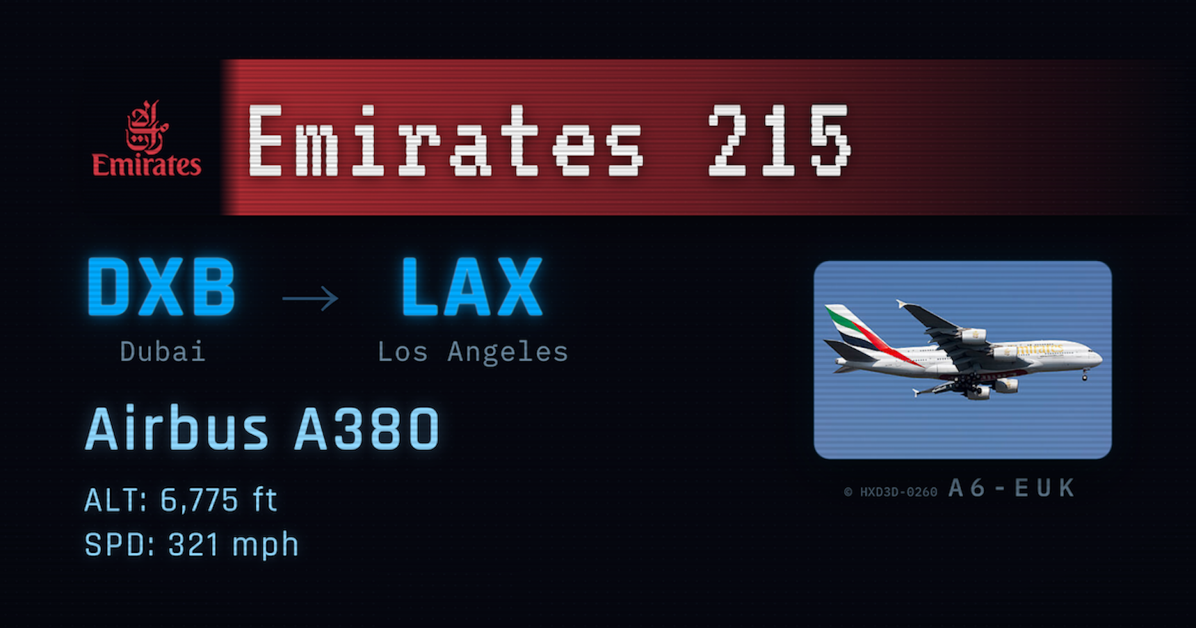 Skyby catch card identifying a flight overhead: airline, route, aircraft type, altitude, and speed